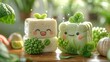 Cute Kawaii Miniature Marshmallow Figurines with Green Leaves and Plants in Still Life Decor Scene