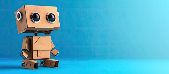 Poster - A cardboard robot with an electric blue smile is standing on an azure background. The rectangular machine is made of paper product and wood, resembling a toy