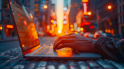 Poster - Double exposure of woman hand typing on laptop computer and cityscape at night