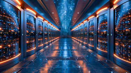 Poster - Futuristic server room with bright lights. Data center concept