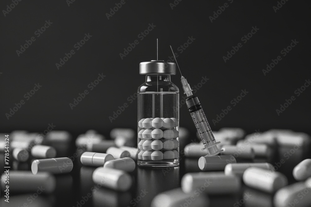 Magazine Injection Medical injection with pills and vial against black background, balc ...
