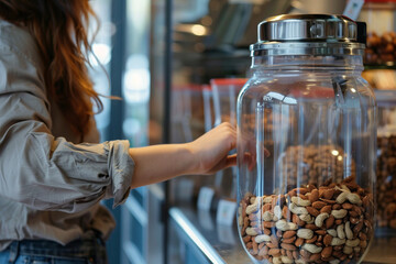 Wall Mural - Close up of a dispenser filled with nuts in a sustainable plastic free shop. Hispanic woman refilling her jar with nuts