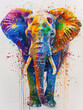 An abstract colorful elephant with a rainbow of colors on its face and body. The elephant is standing in a spray of paint, giving it a vibrant and lively appearance. isolated on white background.