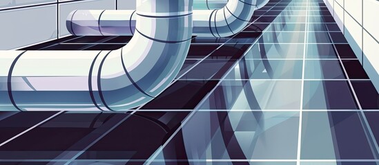 Wall Mural - A row of electric blue pipes runs down a glass floor in an automotive exterior building, creating a mesmerizing light line that resembles a circle of composite material