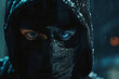 Robber, thug in a balaclava on a black background. Robbery, hacker, crime, theft