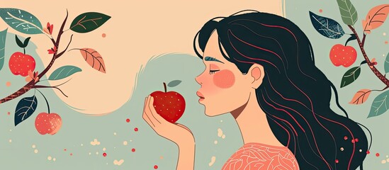 Wall Mural - A woman with a stylish hairstyle is holding an apple to her nose, taking in its scent with a curious expression on her face