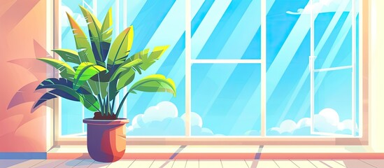 Canvas Print - A houseplant in a flowerpot sits by the window, under an azure sky. The electric blue tint of the sky illuminates the plant like a work of art