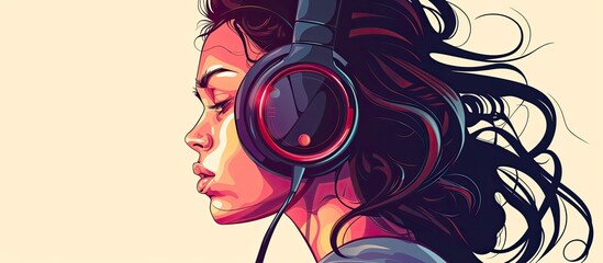 Sticker - A woman is wearing a helmet with magenta headphones, listening to music. Shes enjoying the beats of a cartoon character in a fiction world