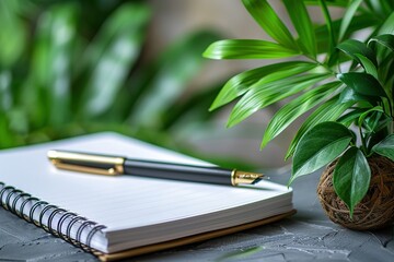 Poster - Top view of spiral notebook with pen and plant on white background, flat lay composition