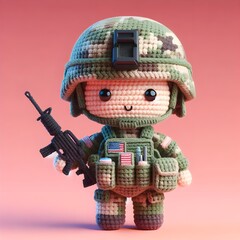 Ai Generated Crochet doll Army cute excited funny smiling wearing uniform and equipment, is standing. 3d render