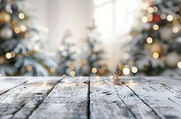 Wall Mural - Empty wooden table top with blurred background of white and grey colors for product display in a winter holiday concept. Christmas background with bokeh lights and pine trees. 