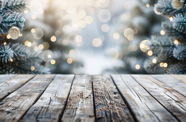 Wall Mural - Empty wooden table top with blurred background of white and grey colors for product display in a winter holiday concept. Christmas background with bokeh lights and pine trees. 