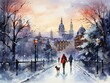 A snowy cityscape at dusk, where a dog in a bright scarf leads its owner home, their footprints a watercolor trail in the snow