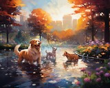 Fototapeta  - dog in the park, A vibrant depiction of a city park at sunrise, where dogs of various breeds play amidst splashes of colorful light