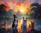 Fototapeta  - A vibrant depiction of a city park at sunrise, where dogs of various breeds play amidst splashes of colorful light