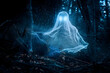 Neon wireframe ghost in dark forest isolated on black background.