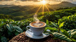 A steaming cup of coffee surrounded by lush Brazilian coffee fields and coffee beans. Generative ai