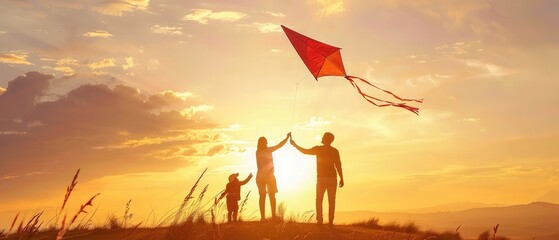 Happy family father of mother and child son launch a kite on nature at sunset