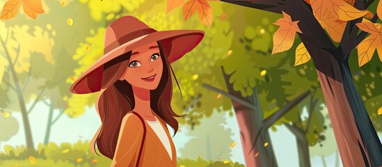 Poster - A woman wearing a hat is depicted in a cartoonstyle illustration standing next to a tree in a park, surrounded by grass and other plant life