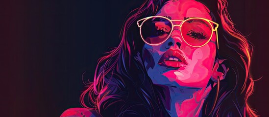 Sticker - An electric blue event featuring a painting of a woman in purple sunglasses, embodying vision care and eyewear fashion in shades of violet and magenta