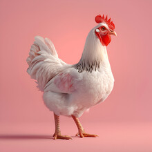 A Detailed Image Of A White Chicken With A Red Comb On A Pink Background.