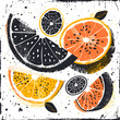 Grunge style illustration of various citrus fruit slices with splatter texture.