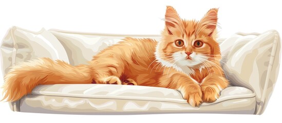 Canvas Print - A domestic shorthaired cat, a small to mediumsized carnivorous Felidae, with fawn fur and whiskers, is comfortably lounging on a white couch