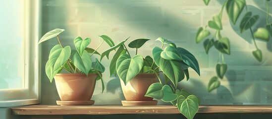 Poster - Three houseplants are placed in flowerpots on a shelf by a window, bringing natural landscapes inside the house with their green grass and flower blooms