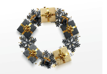 Poster - Christmas border round frame of black snowflake with sparkles and gift boxes and gold confetti. vector illustration