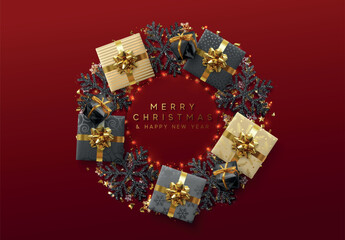 Poster - Christmas border round frame of black snowflake with sparkles and gift boxes and gold confetti. vector illustration