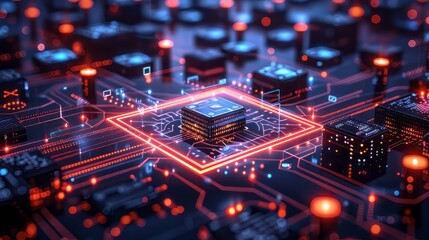 Poster - A computer chip is lit up in a dark background. The chip is surrounded by a glowing blue and red background