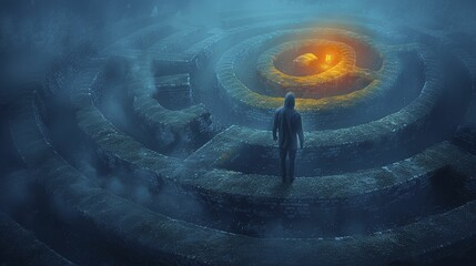 Wall Mural - A lone figure standing at the entrance of a maze, representing the challenges and strategic navigation required in business planning.