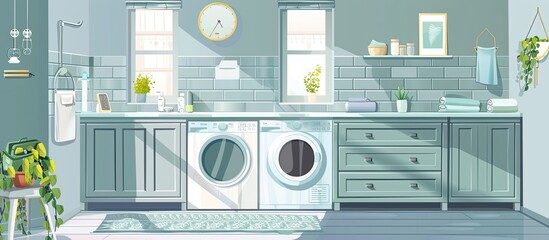 Sticker - A laundry room with a washer, dryer, and sink is a practical addition to any house. It enhances the interior design and functionality of the building