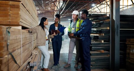 Poster - Distribution, teamwork and business people in discussion in warehouse for construction, building and maintenance. Supervisor, factory and men and women for logistics, infrastructure and manufacturing