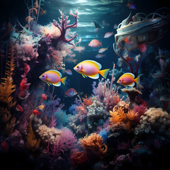 Poster - A surreal underwater scene with colorful fish and aquatic plants