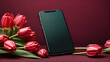 Smartphone mockup with tulips on claret background. Device screen mock up for presentation or appl design.generative.ai