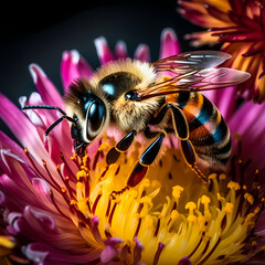 Wall Mural - Close-up of a bee pollinating a colorful flower.