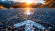 road with arrow on asphalt in sunset time, bokeh background. Shot by Nikon D850 with an 2470mm f/3 wide angle lens at ISO aperture setting, shutter speed of 1