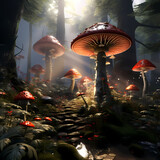 Fototapeta Londyn - Giant mushrooms in a fantasy mushroom forest.