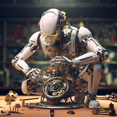 Poster - Futuristic robot assembling itself. 