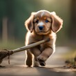 A playful puppy with a wagging tail, carrying a stick bigger than itself4