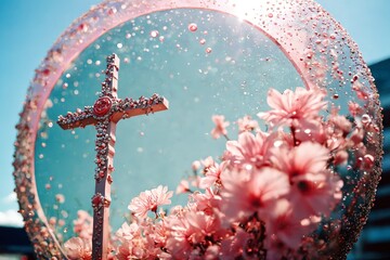 Aufkleber - Cristal cross on the background of a mirror with pink flowers
