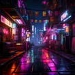 Neon-lit alley in a cyberpunk metropolis. 
