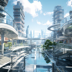 Sticker - Modern city with transparent glass walkways.