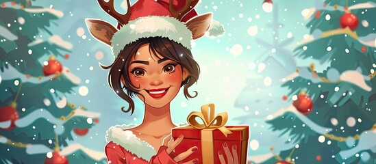 Wall Mural - A woman with a Santa hat is smiling while holding a Christmas present in front of a festive Christmas tree. The scene is like a happy illustration from an animated cartoon