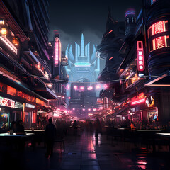 Poster - Neon-lit marketplace in a bustling cyberpunk city. 