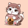  Kawai anime cat vector illustration for t-shirt design. The playful cat and drinking bubble tea cup. illustration for use to t-shirt, stickers, marchendise and more