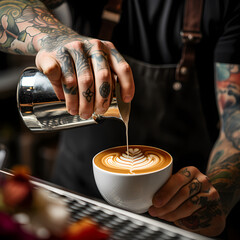 Sticker - A close-up of a barista pouring latte art. 