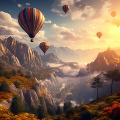 Poster - A cluster of hot air balloons floating over a valley