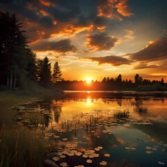 Poster - A sunset over a tranquil lake.